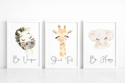 Safari Nursery Prints Set of 3 | Zebra Giraffe Elephant Wall Art | Neutral Baby Room Decor | A4 Nursery Prints