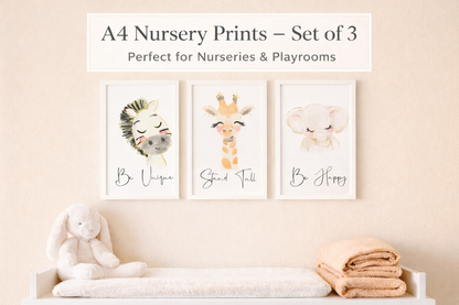 Safari Nursery Prints Set of 3 | Zebra Giraffe Elephant Wall Art | Neutral Baby Room Decor | A4 Nursery Prints